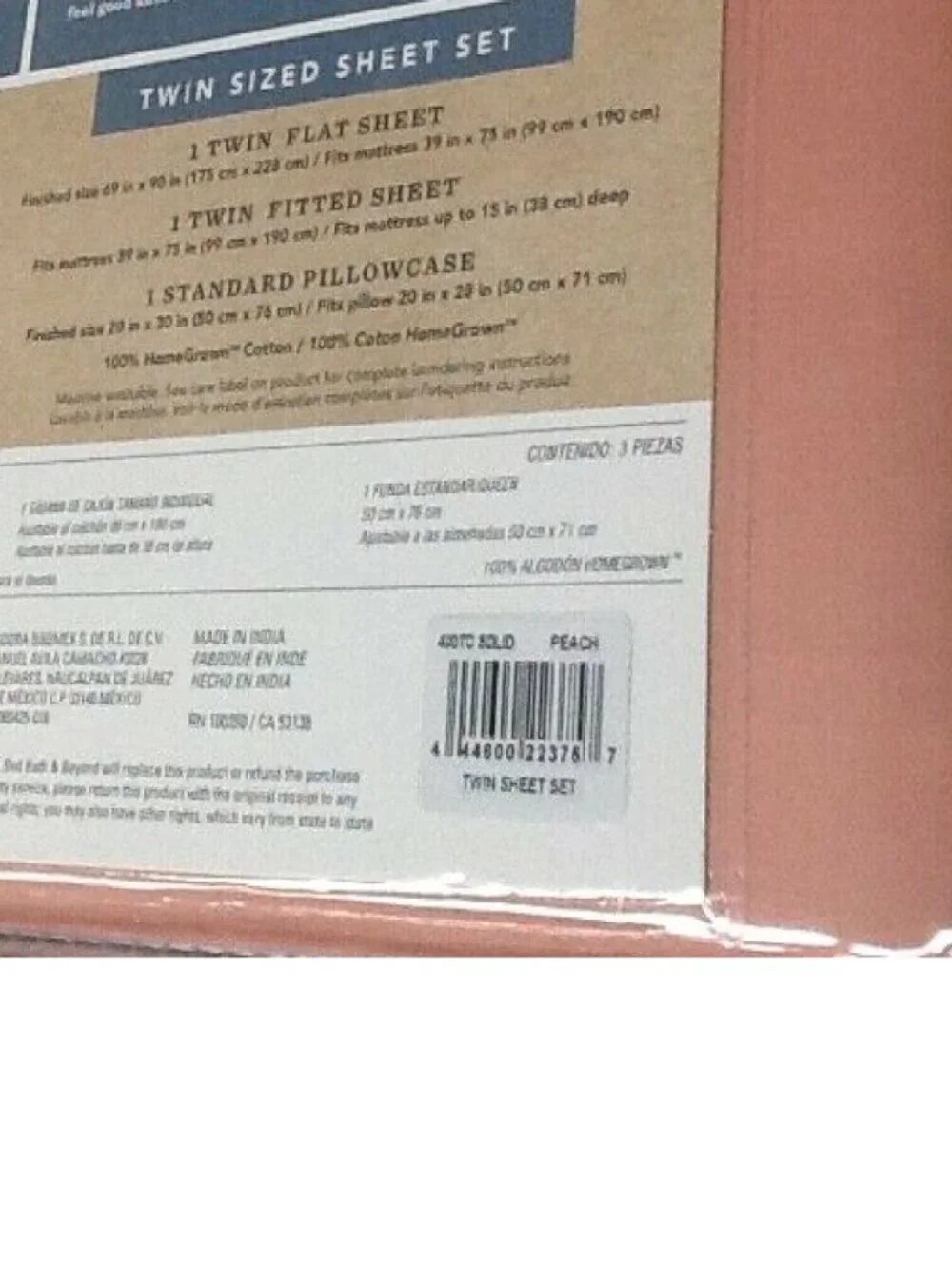 new 3-piece PEACH Heartland 400 TC 100% Cotton Sateen-Weave TWIN Sheet Set
